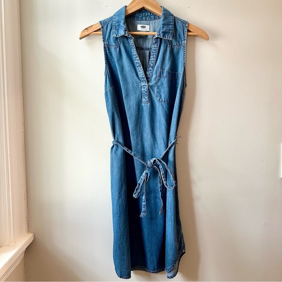 Old Navy Denim Adjustable Tie Waist Collared V-Neck Shirt Dress - Picture 1 of 11